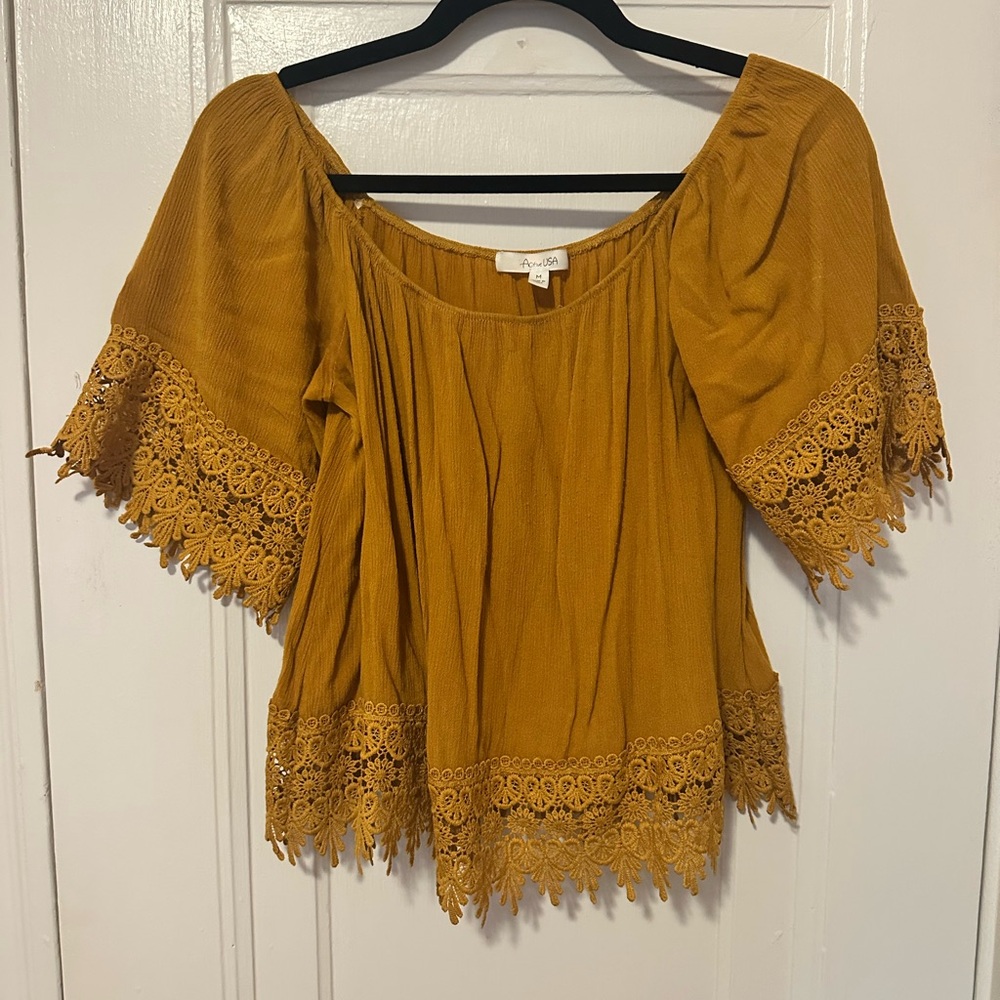 Active USA Mustard Lace Accent Blouse